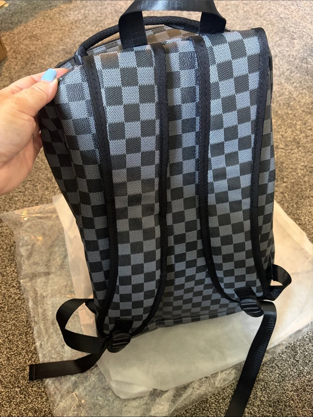 NEW Never Used Checkered Black & Gray Shark Graphic Backpack - Red Accent